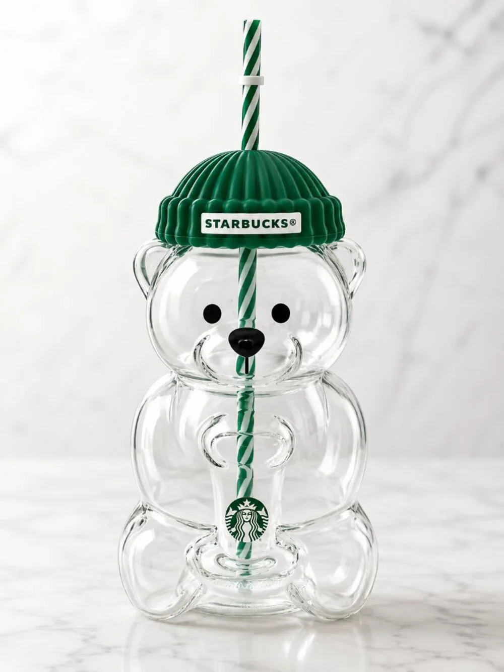 Starbucks Teddy Bear Glass Cup with Green Hat & Straw – Rare Collectible